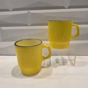 2 Vtg Fire King Anchor Hocking Stackable Yellow with Black Rim Glass Coffee Mugs